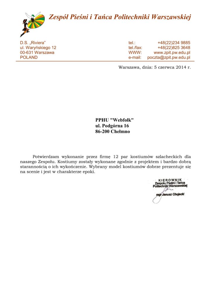 List referencyjny – stroje szlacheckie